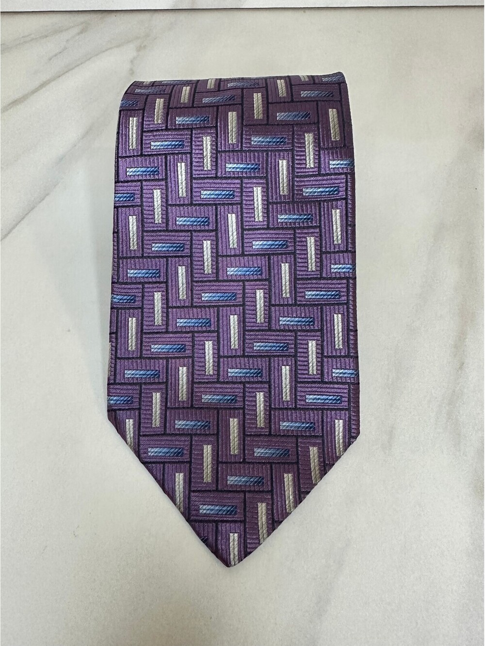Vintage XMI for Nordstrom purple blue white geometric 100% Italian silk tie